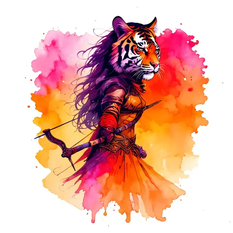 female warrior with a bow and half a tiger face  tattoo design idea