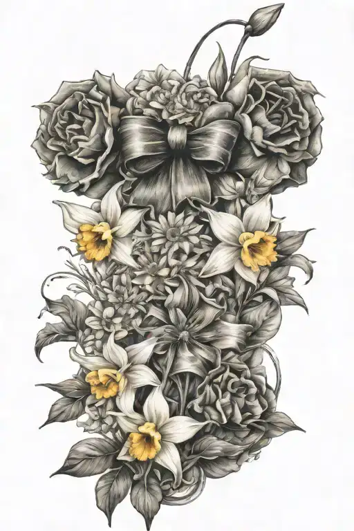 A bouquet of one daffodil, one daisy, and one poppy with a bow and other nature aspects tattoo design idea