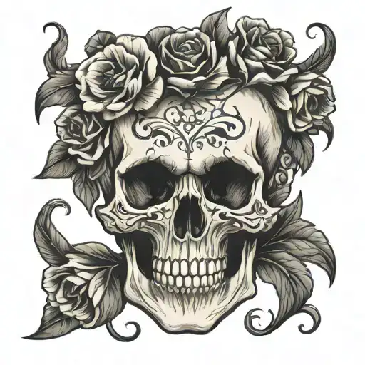 realistic skull with flowers growing tattoo design idea