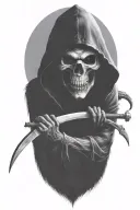 hooded Reaper, darkness,, scary, holding a scythe, blade tattoo design idea