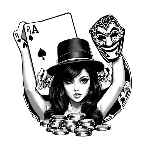 chincano girl holding up cards poker chips at the bottom with drama mask in background tattoo design idea