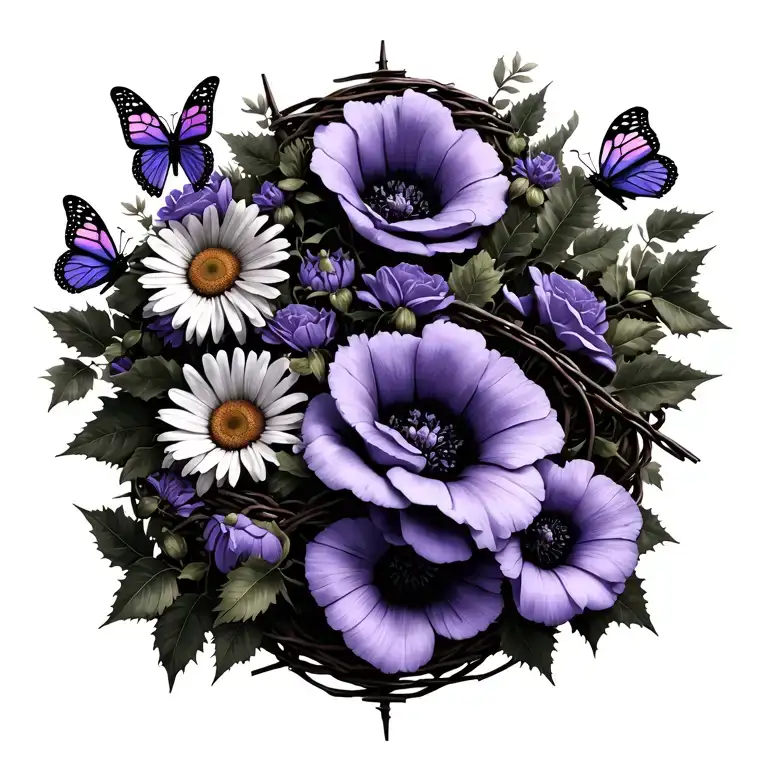 barbed wire with violet flowers, daisies, roses, poppies, morning glory flowers, and holly flowers, with 5 butterflies  tattoo design idea