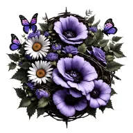 barbed wire with violet flowers, daisies, roses, poppies, morning glory flowers, and holly flowers, with 5 butterflies  tattoo design idea