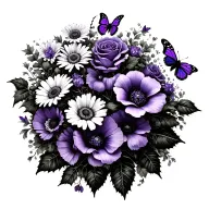 barbed wire with violet flowers, daisies, roses, poppies, morning glory flowers, and holly flowers, with 5 butterflies  tattoo design idea