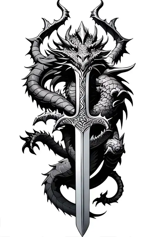 full body norse dragon wrapped around sword tattoo design idea