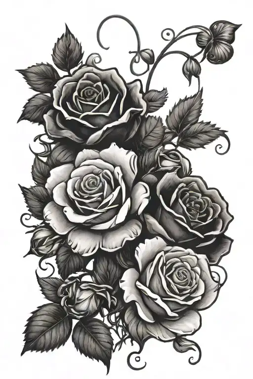 roses with clovers black and white tattoo design idea