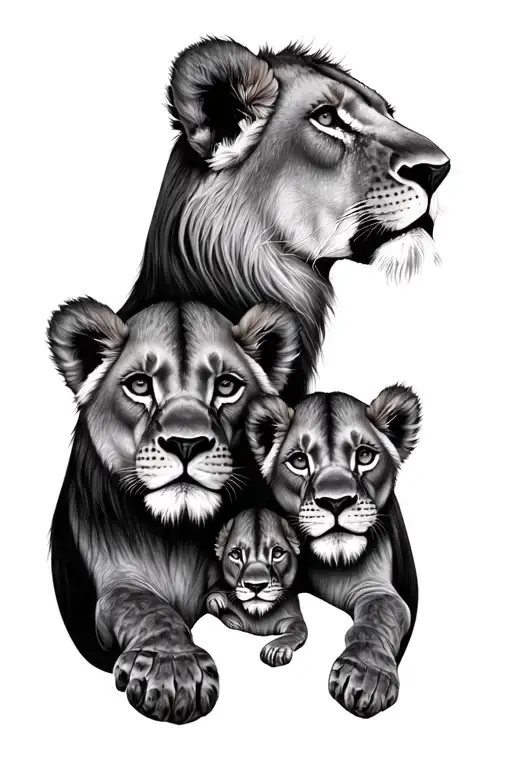 lion lioness 3 cubs face only tattoo design idea