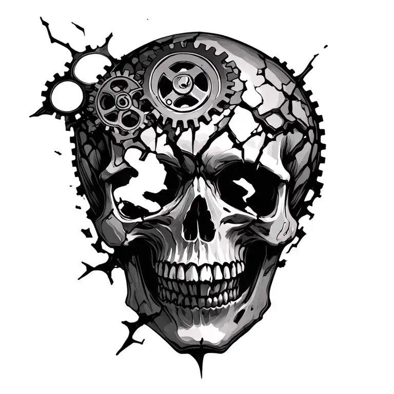 shattered skull with broken cogs escaping tattoo design idea
