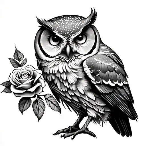 An owl carrying a rose in its beak, representing the beauty and fragility of life tattoo design idea