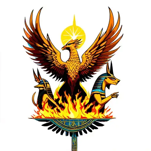 Phoenix rising from the ashes surrounded by Anubis, Amun-Ra, Horus and Seth tattoo design idea