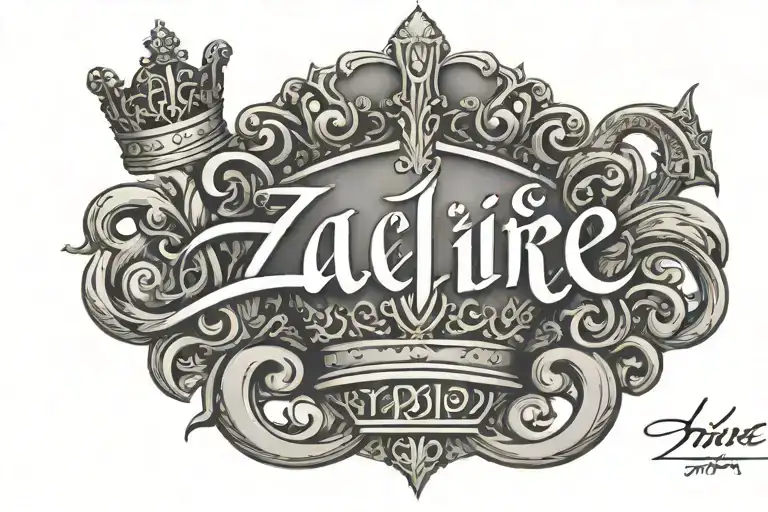 Zaire in cursive with Scorpio designs and a king crown tattoo design idea