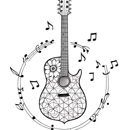 flower of life, guitar mixed with piano, musical notes tattoo design idea