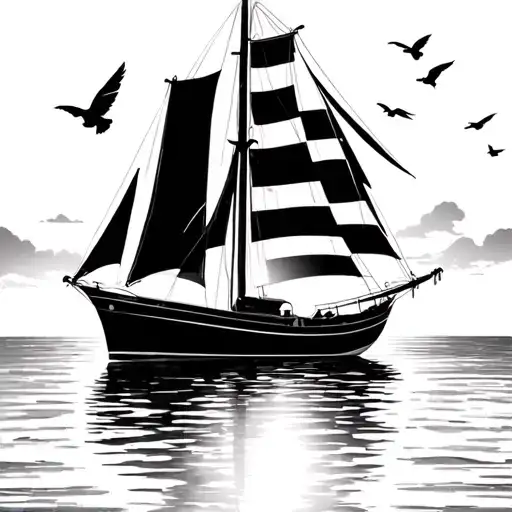hallberg rassy monsun 31 sailboat arriving  Marquesas in french polynesia in a sunset, some swallows flying. tattoo design idea