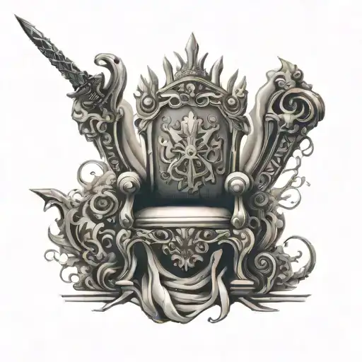 a throne with a unclaimed crown also add sword elements tattoo design idea