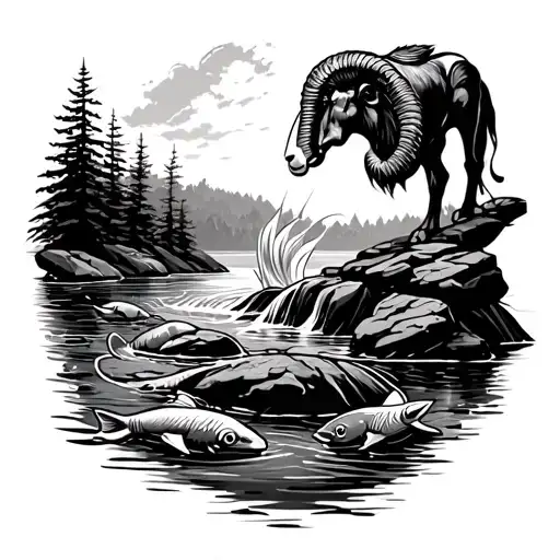 Aquarius sign poring water in a wild river, where koi fish swim and a strong ram stands on a rocky environment watching  tattoo design idea