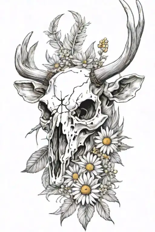 deer skull with turkey feathers, barb wire and daisies tattoo design idea