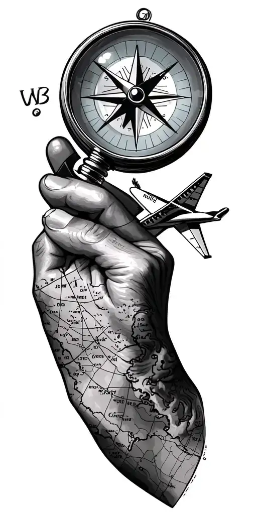 Some dot lines ,travaling , small compass, mysterious magnifying glass , air plane , map tattoo design idea