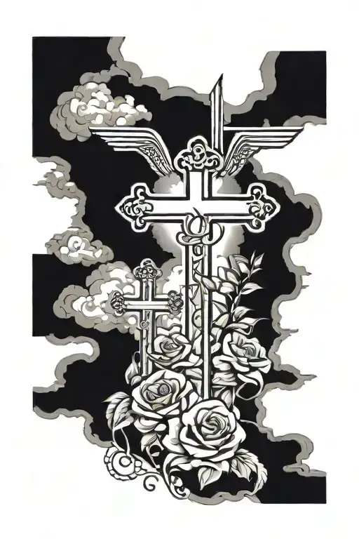 3 Crosses with rosses under and sunlight coming from the top with clouds in the middle  tattoo design idea