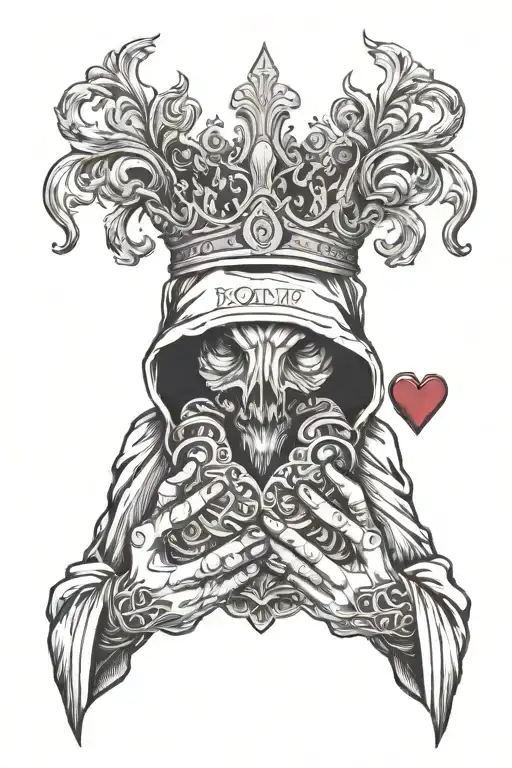 hooded figure with crown holding anatomical heart in hands tattoo design idea