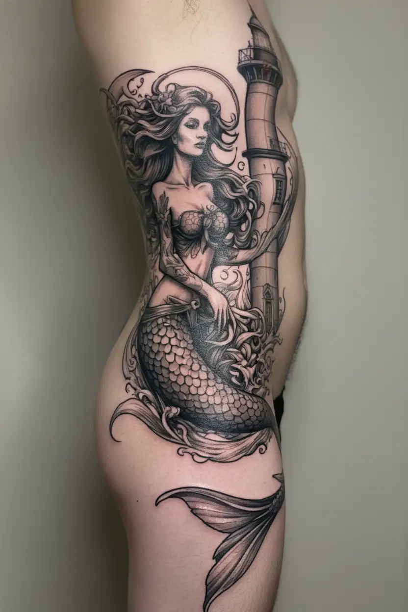 mermaid and lighthouse tattoo design idea