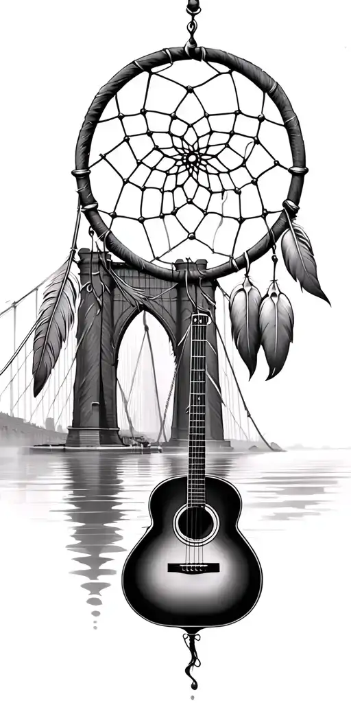 abstract Brooklyn bridge, dream catcher with 4 feathers, a small Spanish guitar, water with reflection and 4 tulips  tattoo design idea