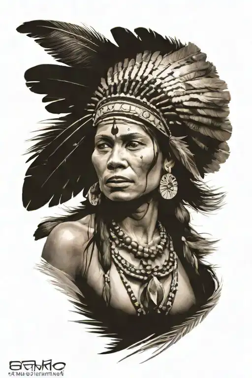 feathered Indian woman running into river and buffaloes and village tattoo design idea