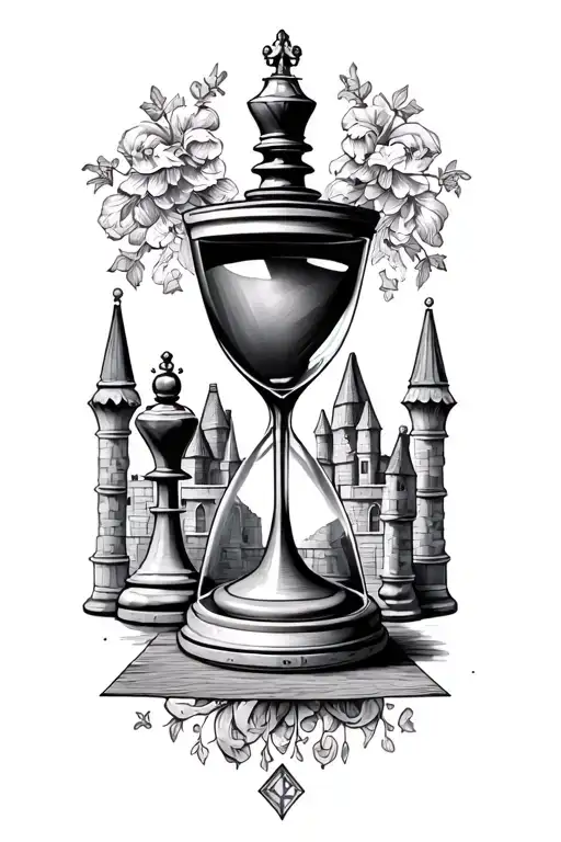 hour glass  and king and queen chess pieces arranged with a bishop and a castle tattoo design idea
