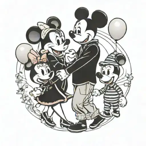 dad, mom, 2 kids holding hands, holding Mickey balloons tattoo design idea
