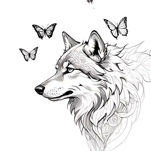 wolf and butterflies tattoo design idea