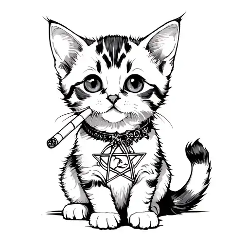 A small kitten with a cigarette in a gothic style with a pentagram tattoo design idea