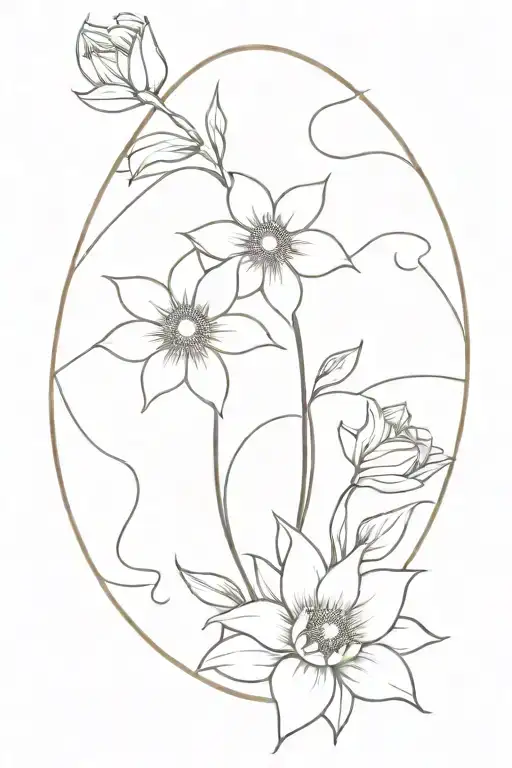 mandala sunflower, lily, and narcissus flowers connected by a delicate vine. This minimalist design  tattoo design idea