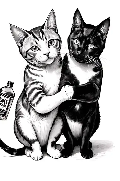 make a sketch where two cats are holding their paws, one is larger with a bottle of flash in his hands, the other cat is tattoo design idea