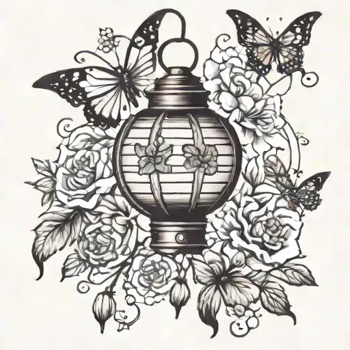 chinese lantern with butterflies, flowers and star tattoo design idea