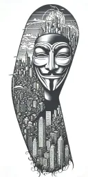v for vendetta with city skyline in the background tattoo design idea