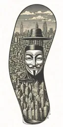 v for vendetta with city skyline in the background tattoo design idea