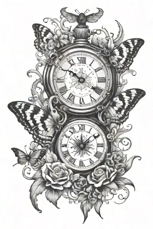 clock, devil, moth tattoo design idea