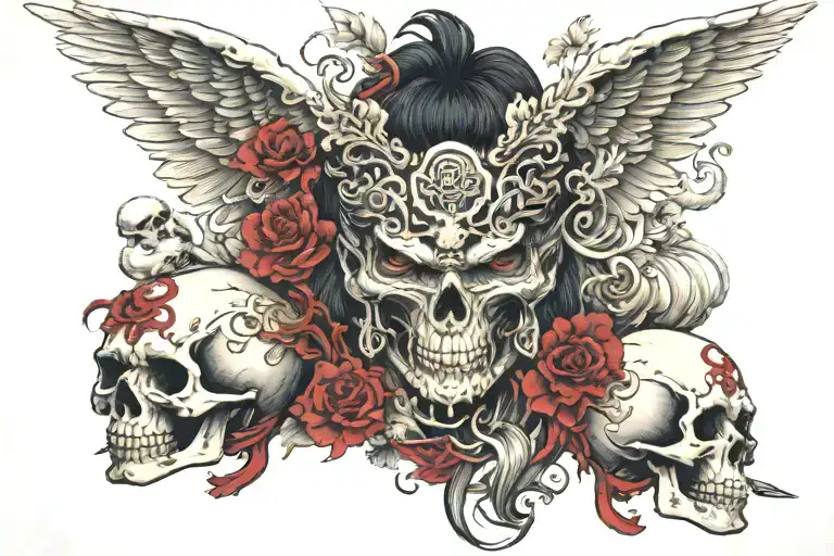 angel warden and 3 skull below, dark and intense tattoo design idea