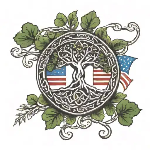 A Celtic tree of life with American flags and shamrocks tattoo design idea