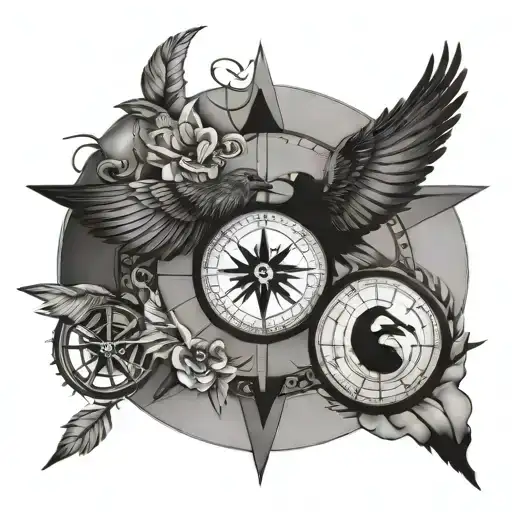 flying crow, yin and yang, compass rose tattoo design idea