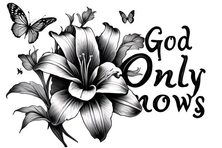 "God Only Knows" with a tiger lily fading into the words on the left side and small butterflies for a collar bone tattoo tattoo design idea