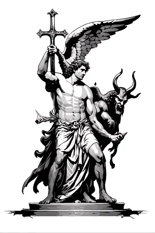 male angel holding a cross sword to the devil at the gates on heaven tattoo design idea