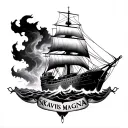 a burning war ship in a tempest on top the words sik parvis magna tattoo design idea