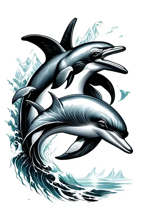 mountains ocean dolphin heart tattoo design idea