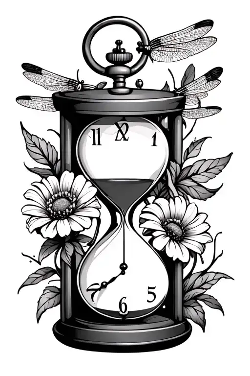 "Time is non refundable" hourglass july, september and august birth flower around hourglass broken pocketwatch with dragonfly tattoo design idea