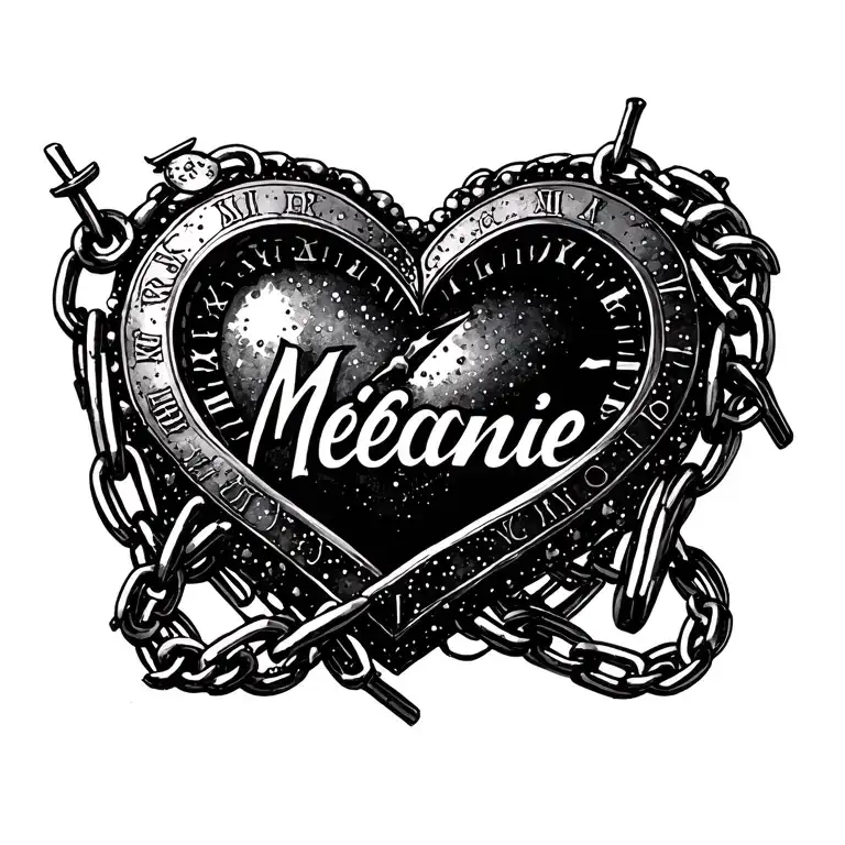 "Mélanie" clock heart chains tattoo design idea
