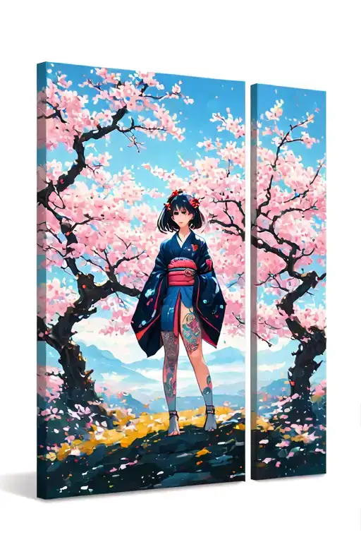 The painting is divided into 3 parts, with a cyber girl standing alone on top among sakura trees, dressed in a kimono, a tattoo design idea