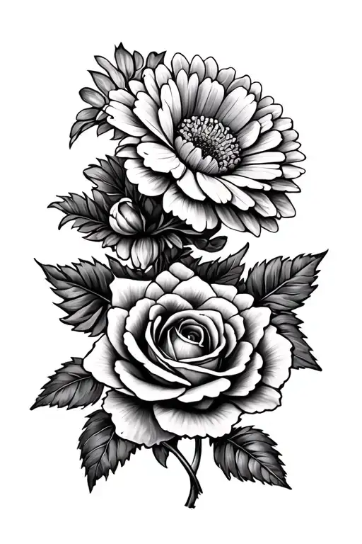 three flowers, geranium, crysanthemum and rose intertwined tattoo design idea