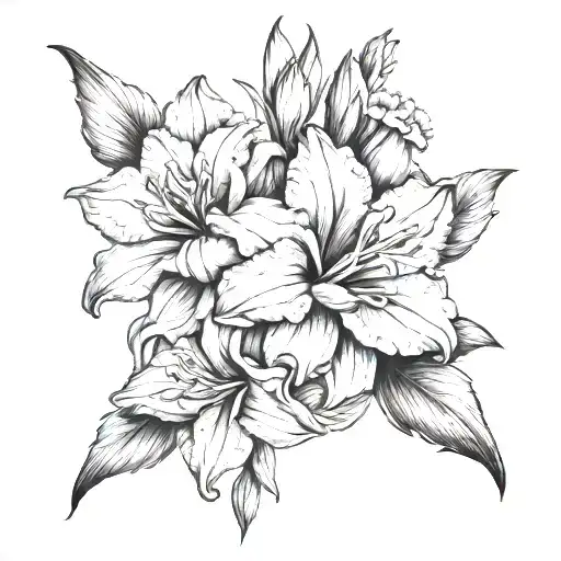 Gladiolus, waterlily, larkspur, poppy flowers tattoo design idea
