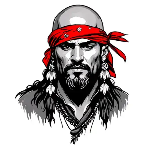 bald gypsy man with red bandana in head, biker, motorcycle, road tattoo design idea