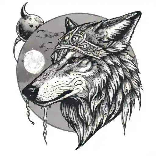 Wolf howling at moon with a female Indian woman spirit and A banner saying Mother tattoo design idea